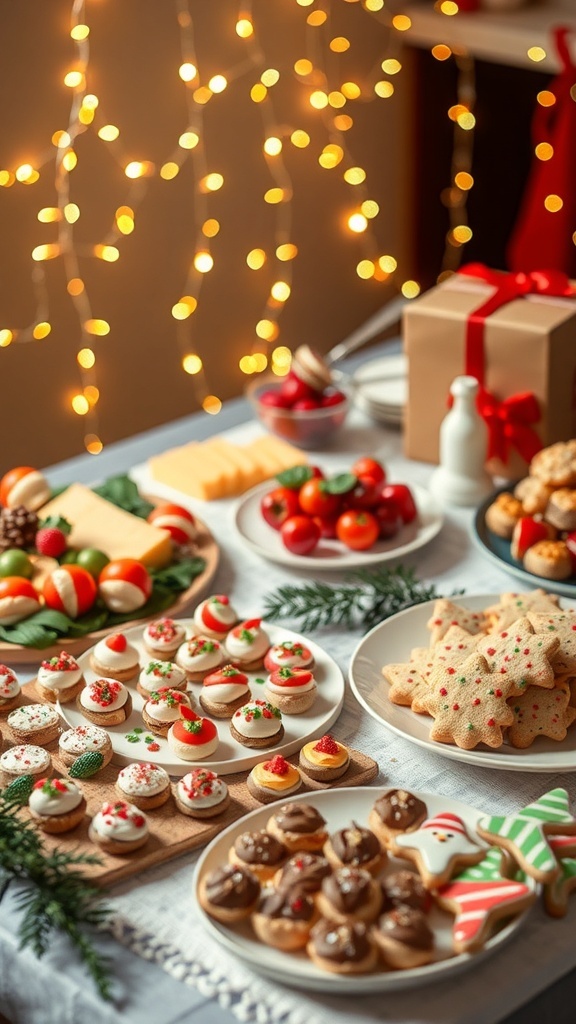 Festive Christmas Party Snack Ideas A festive Christmas party snack table with cheese platter, caprese skewers, stuffed mushrooms, and decorated cookies.